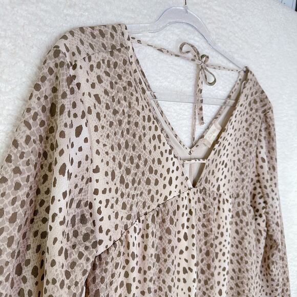 Altar'd State Dress Womens Medium Tan Brown Dot Boho Ruffle Tiered Flare Sleeve - Picture 3 of 13